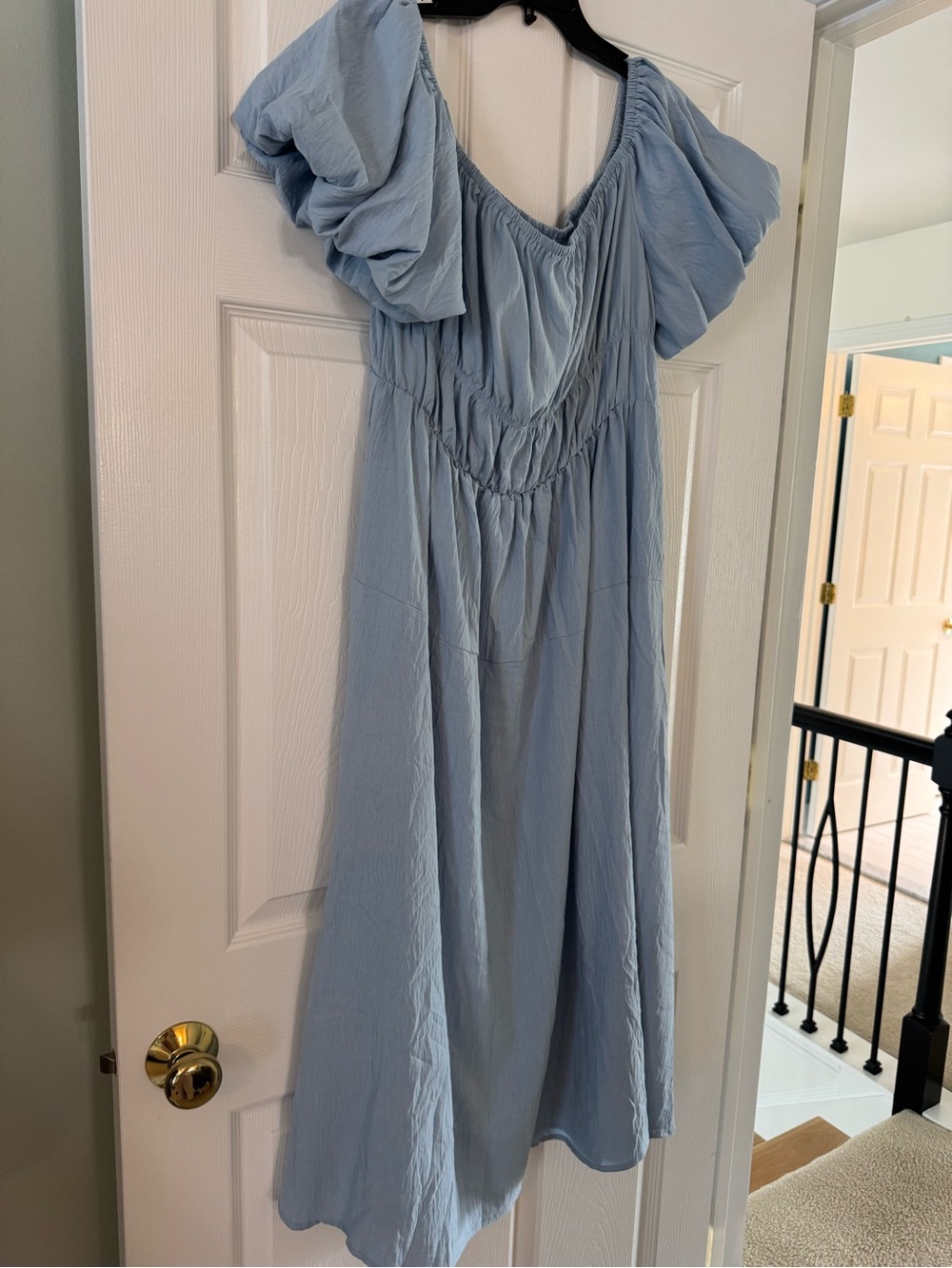 Light Blue Puff-Sleeve Midi Dress